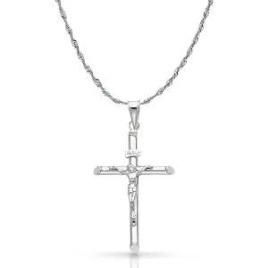 14K Gold Crucifix Cross Pendant with 2mm Rope Chain