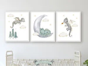 Baby Dragon Moon Nursery Prints - Set 2