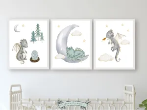 Baby Dragon Moon Nursery Prints - Set 3