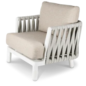 Bermuda Armchair with Sahara Sand Olefin Rope, Stone Olefin Cushions and Aluminium Frame