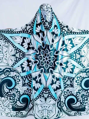 Black, Teal, and White Mandala Hooded Blanket 50X60