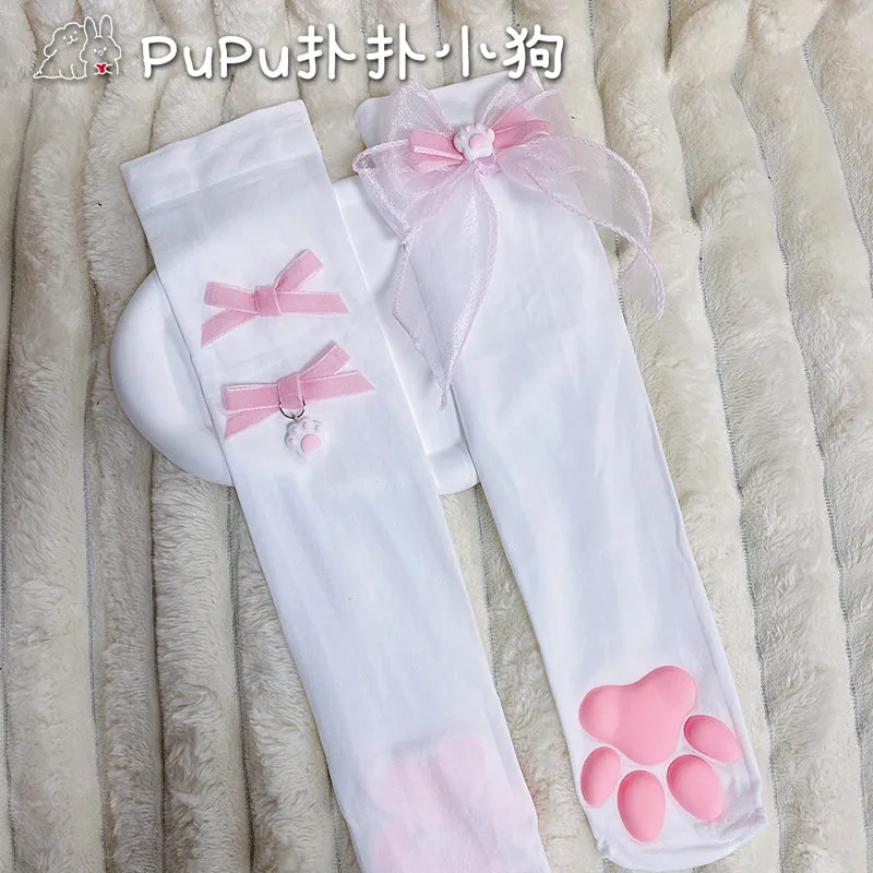 Girls 3D Cute Cat Paw Bow Knee Socks