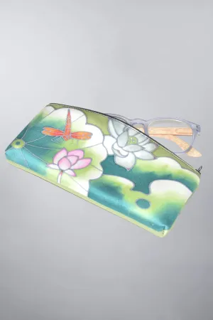 Hand-Painted Silk Eyeglass Case Lotus Dragonfly