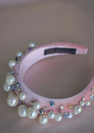 Oversized Pearl & Crystal Velvet Headband (Pink)