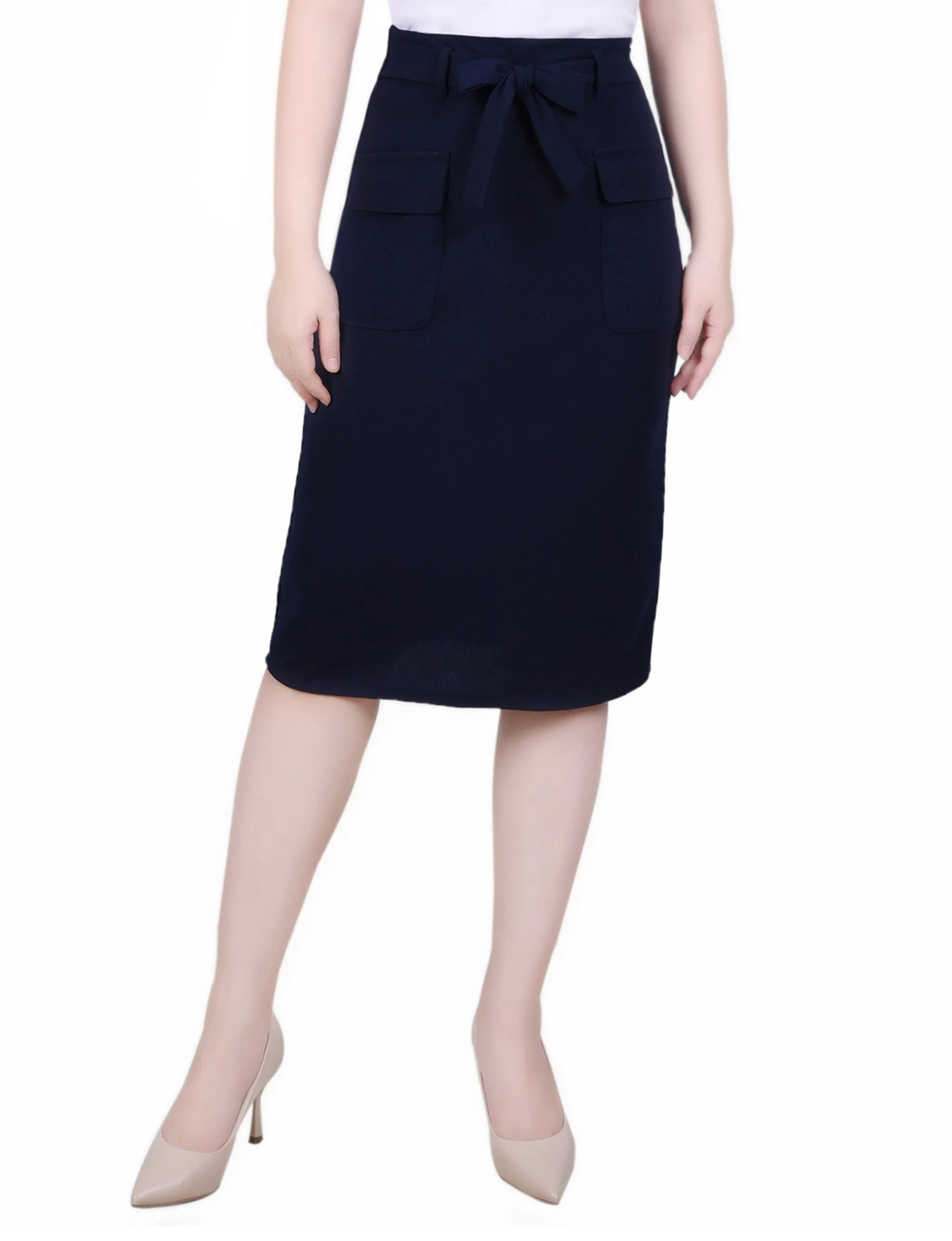 Petite Slim Belted Scuba Crepe Skirt