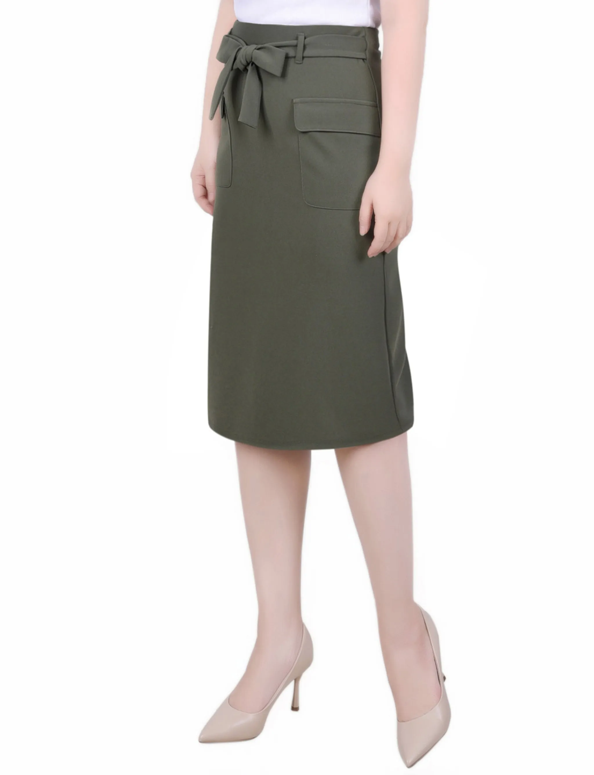 Petite Slim Belted Scuba Crepe Skirt